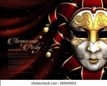 Masquerade party poster, exquisite carnival mask with golden eye mask and decorative elements isolated on scarlet curtain in 3d illustration