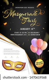 Masquerade party poster template with mask and air balloons - vector illustration