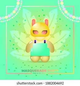 Masquerade party social media invitation template with illustration of a woman wearing rabbit mask