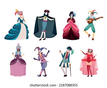 gente disfrazada. personajes felices, hombres y mujeres, con disfraces a la moda, rostros enmascarados y trajes de pantalones para el baile. Reina y princesa vectora