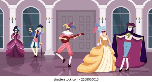 gente disfrazada. la gente de las pelotas nocturnas celebra y baila con bellos trajes de moda rostros enmascarados vestidos y princesas de pantalones retro y príncipe. Fondo de la caricatura vectorial