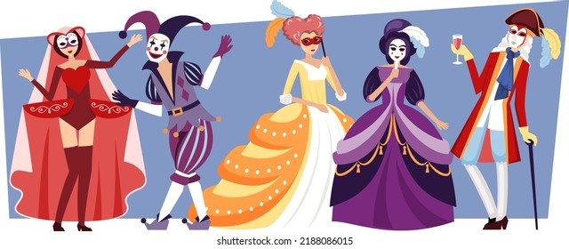 masquerade people. performing fashioned male and female persons in beautiful dresses for celebration party masquarade. Vector cartoon characters kings and princesses
