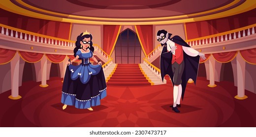 Escena de mascaradas. Vampiro y reina en el baile, sala de palacio, invitación a bailar, fiesta de halloween disfrazada de cortesia. Caracteres sobre el concepto vectorial de dibujos animados de rendimiento ilustración plana