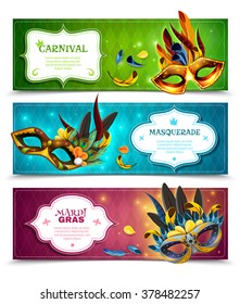 Masquerade realistic horizontal banners set with carnival symbols isolated vector illustration 