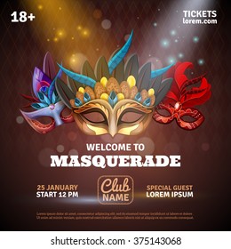 Masquerade realistic poster with party tickets and club symbols vector illustration 