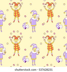 Masquerade seamless pattern. Kids in carnival dresses. Children theatre vector illustration. Cute character design and graphic elements. Pierrot and harlequin little boys. Cartoon hand drawn style.