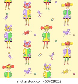 Masquerade seamless pattern. Kids in carnival dresses. Cat and mouse little girls. Children theatre vector illustration. Cute character design and graphic elements. Cartoon hand drawn style.