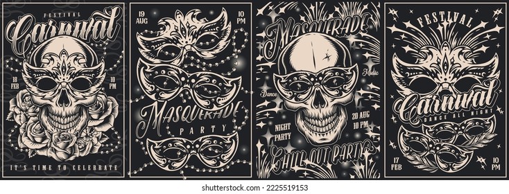 Masquerade set flyers monochrome vintage skulls with masks for Mardi Gras Eve Festive Party or Carnival Night vector illustration