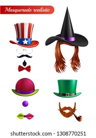 Masquerade set on white background with wig mustache beard tube tie butterfly bowler and saint patrick hats vector illustration