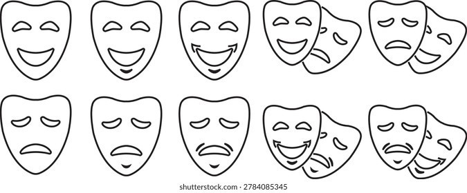 Masquerade theater mask icon set collection with comedy tragedy drama face symbols in solid and outline styles isolated on transparent background for performance and entertainment