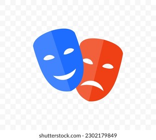 Masquerade vector icon on transparent background. Theatrical masks. Comic and tragic mask. Happy and unhappy traditional theater symbol. Comedy and tragedy vector design and illustration.
