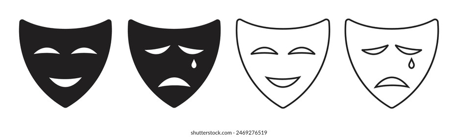 Masquerade vector icon set. Comedy and tragedy mask symbol. Drama theater mask sign. Happy and sad mask symbol.