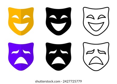 Masquerade vector icons. Theater masks icon. Comic and tragic mask icon. Happy and unhappy traditional symbol of theater. Theatre masks for tragedy, drama and comedy. Vector Illustration