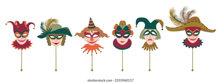 Masquerade venetian vintage masks collection, vector illustration isolated on white