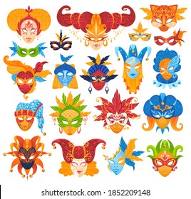 Masquerade venice masks set of isolated vector illustration. Carnival masque icons, colorful ornate, decoration, accessory and anonymous masks. Venetian fashion costumes festival.