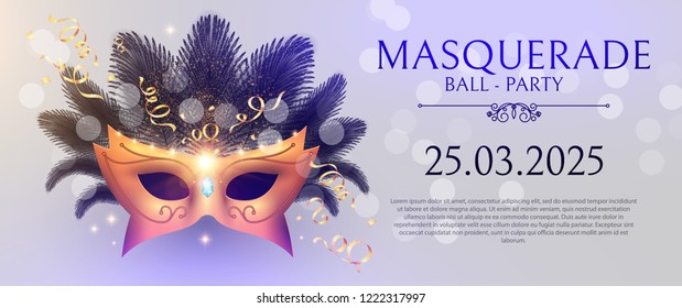 Masquerafe Flyer Template with Gold Carnival Mask. vector illustration