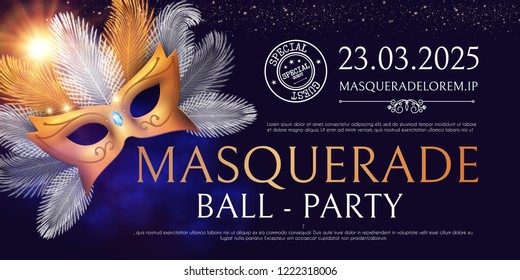 Masquerafe Flyer Template with Gold Carnival Mask. vector illustration