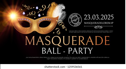 Masquerafe Flyer Template with Gold Carnival Mask. vector illustration