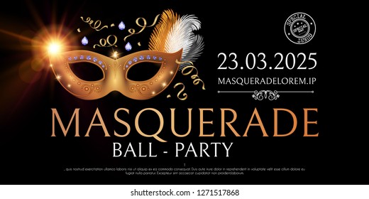 Masquerafe Flyer Template with Gold Carnival Mask. vector illustration