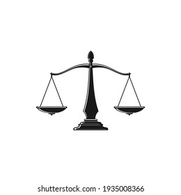 Mass balance scales isolated symbol of law and justice monochrome icon. Vector antique measuring device, Beam balance weight scales, retro mass balances of judgment and punishment, equality sign