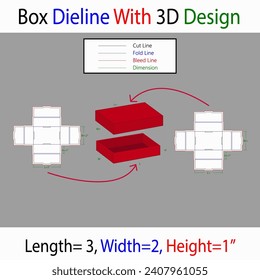 Mass Box 3x2x1 inch Dieline Template With 3d Design. Rivers Tuck end Square Box Dieline Template With 3d Design Editable Vector File