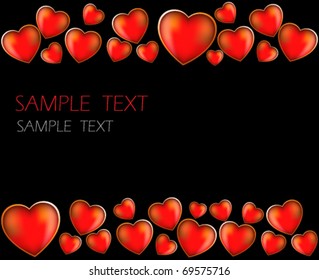 The mass of bright hearts on a black background. Celebratory background.