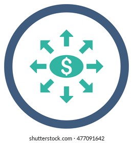 Mass Cashout vector bicolor rounded icon. Image style is a flat icon symbol inside a circle, cobalt and cyan colors, white background.