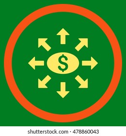 Mass Cashout vector bicolor rounded icon. Image style is a flat icon symbol inside a circle, orange and yellow colors, green background.