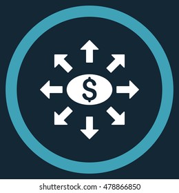 Mass Cashout vector bicolor rounded icon. Image style is a flat icon symbol inside a circle, blue and white colors, dark blue background.