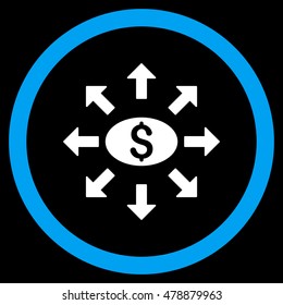 Mass Cashout vector bicolor rounded icon. Image style is a flat icon symbol inside a circle, blue and white colors, black background.