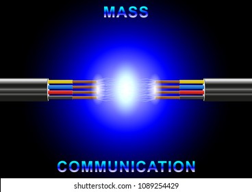 Mass communication. Electric, communication, telecommunication cable break. Copperel ectrical cable in black insulation with electric spark. Four-core cable on a dark background. Vector, Illustration