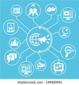 mass communication network, mind mapping, info graphic, blue