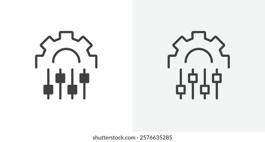 Mass customization icon set in black flat solid and outlined style.