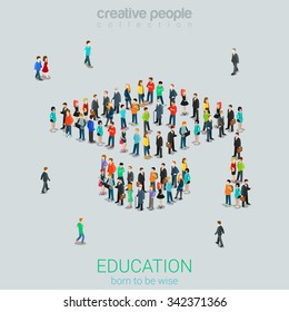 Mass education flat 3d isometry isometric literacy concept web infographics vector illustration. Crowd of micro people forming graduate cap sign. Creative people collection.