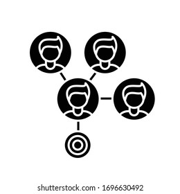 Mass effect black glyph icon. Social media connection. Network spread between people. Share data on cloud. Target marketing. Silhouette symbol on white space. Vector isolated illustration