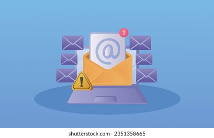 Mass email spam delivery concept on monitor screen. Hacking the Spam Warning Email Box..on blue background.Vector Design Illustration.
