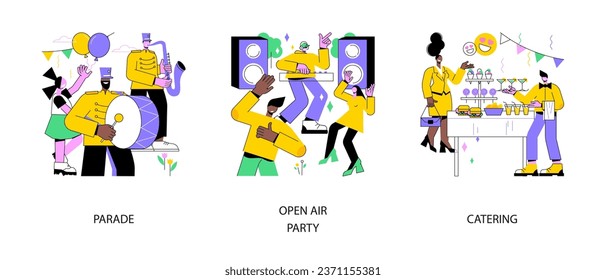 Mass event abstract concept vector illustration set. Parade and open air party, catering, fresh restaurant cooked food, summer music festival, live performance, holiday celebration abstract metaphor.