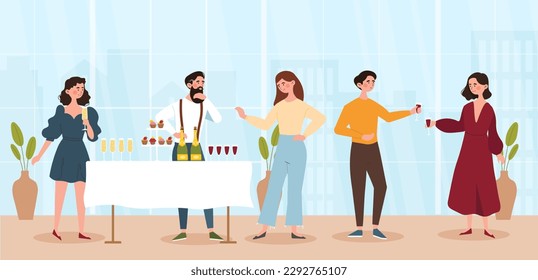 Concepto de banquete de eventos masivos. Hombre y mujer de pie cerca de la mesa con bebidas alcohólicas en lentes de vidrio y comida. Fiesta y festival. La gente bebe vino o champán. Dibujo vectorial plano de dibujos animados