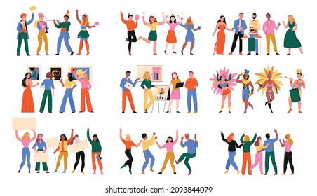 Mass event flat set of people involved in conference dance party carnival politic protest isolated vector illustration