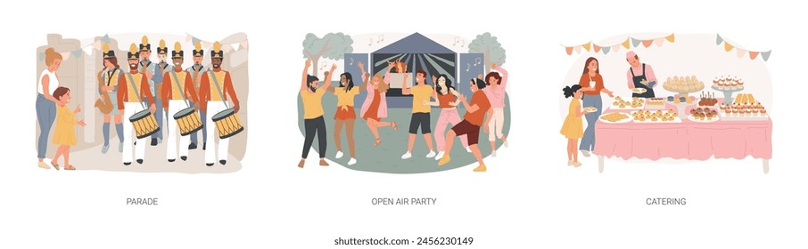 Conjunto de Ilustración vectorial de concepto aislado de evento masivo. Desfile y fiesta al aire libre, catering, comida fresca de restaurante, festival de música de verano, actuación en vivo, celebración de vacaciones concepto de Vector.