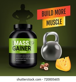Mass gainer ads. Vector realistic illustration of cans with mass gainer powder with flavored nuts and cheese. Poster with product and sport equipment.