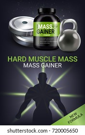 Mass gainer ads. Vector realistic illustration of cans with mass gainer powder. Vertical poster with product and sport equipment.