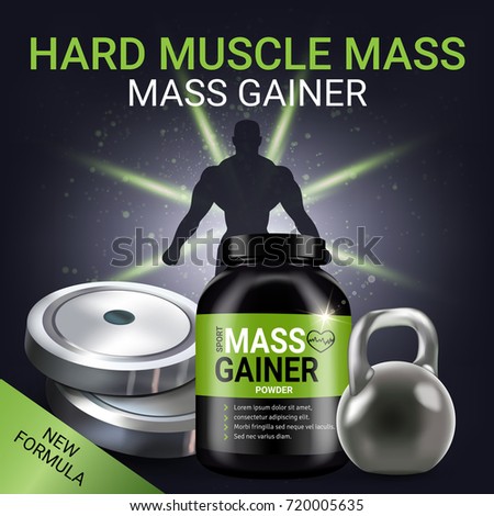 Mass gainer ads. Vector realistic illustration of cans with mass gainer powder. Poster with product and sport equipment.