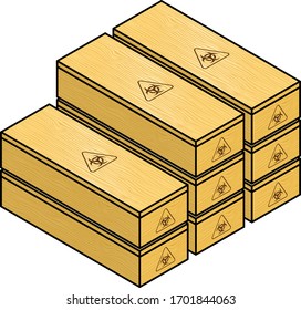 Mass grave / burial concept: Plain pine coffins printed with biohazard / infectious material symbols.