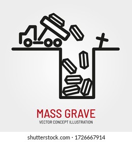 Mass Grave vector icon. Line art drawing of truck unloading large quantity of coffins into deep hole. Editorial concept illustration.