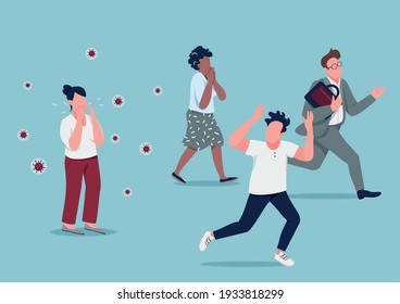 Mass hysteria flat concept vector illustration. People running from contagious person in panic 2D cartoon characters for web design. Coronavirus outbreak, covid pandemic, virus spread creative idea