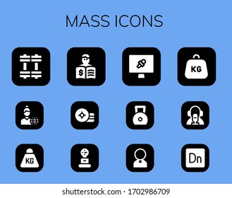 mass icon set. 12 filled mass icons. Included Weights, News reporter, Weight, Press, News report, Priest, Dimension icons