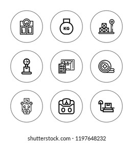 Mass icon set. collection of 9 outline mass icons with loss, weight scale, weight icons. editable icons.