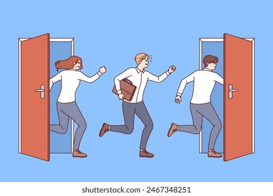 Mass layoffs of people have led to emergence of unemployed men and women running between doors in search of vacancies. Angry unemployed clerks need new job with good salary and insurance