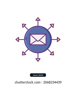 Mass Mailing icon. Crowdfunding icons. Startup line icons. Launch Project, Business report and Target. Strategy linear icon set. Quality line set. Vector